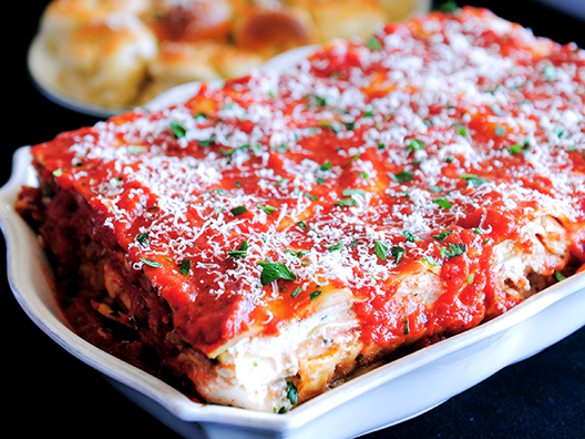 catering lasagna on decorative tray