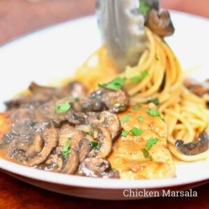 Chicken marsala with spaghetti pasta