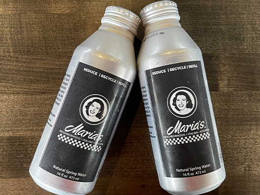 2 aluminum bottles of water with maria's branding