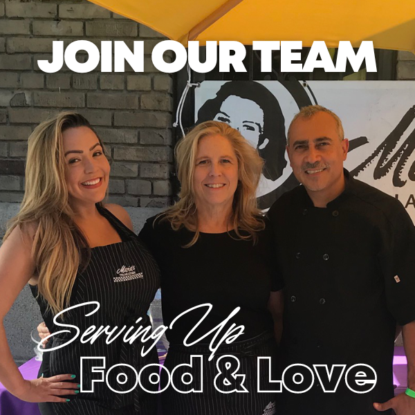 "Join our team; Serving up food & love." 3 team members standing side by side smiling into the camera.